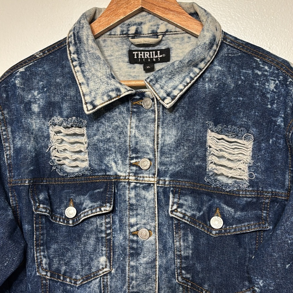 THRILL Thrashed Distressed Long Line Button Down Acid Wash Denim Jacket XL - Picture 4 of 7